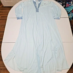 Lucie ANN Nightgown Women Small Maxi Blue Floral Satin Neck Claire Sandra 60 VTG